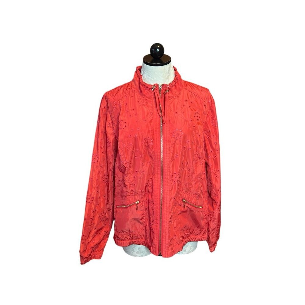 Chico's Zenergy Womens full Zip Track jacket High Neck Coral Red Eyelet Sz 3 (L)